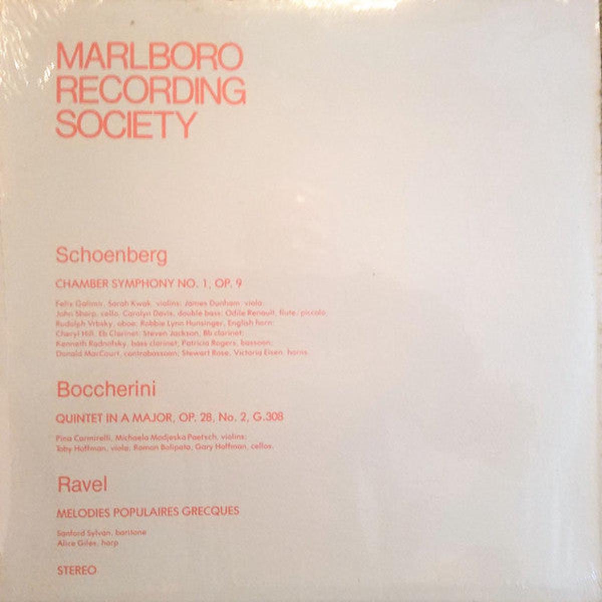 Arnold Schoenberg, Luigi Boccherini, Maurice Ravel  Schoenberg Chamber Symphony No. 1, OP. 9; Boccherini Quintet in A Major, OP. 28, No. 2, G.308; Ravel Melodies Populaires Grecques (Viyl) Sealed